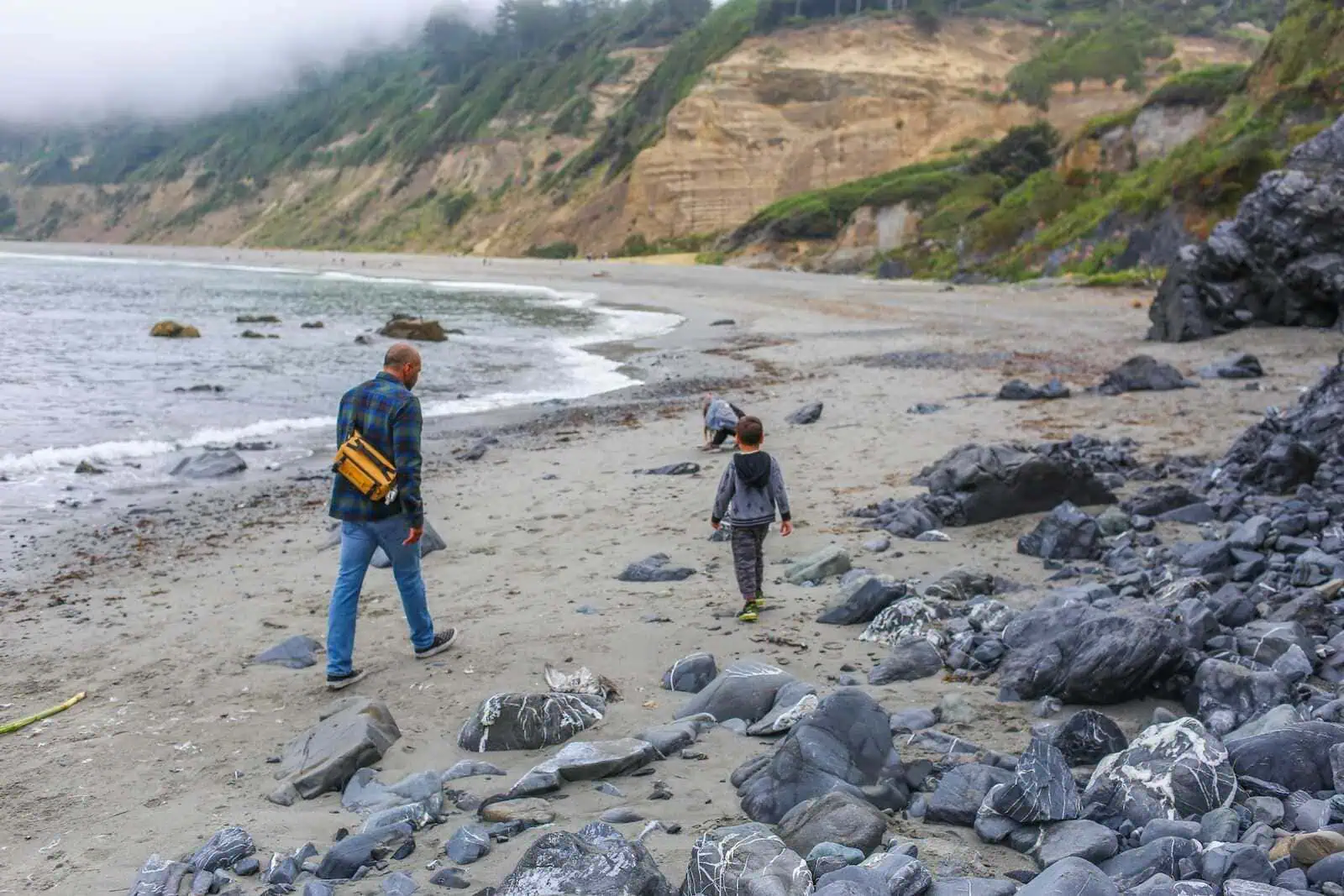 Seaside family walks along rocky California coast with cliffs in background, exploring scenic outdoor adventure spot.