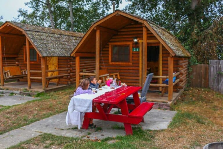 Cozy log cabin in Eureka California with children enjoying outdoor dining and play area, perfect for a California family lifestyle.