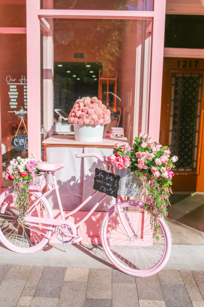 Pink bicycle with floral baskets outside La Vie Nail Bar on Burlingame Avenue.