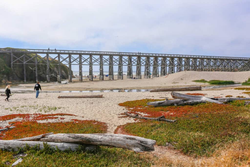 Scenic view of the historic trestle bridge at Pudding Creek Beach in Fort Bragg.