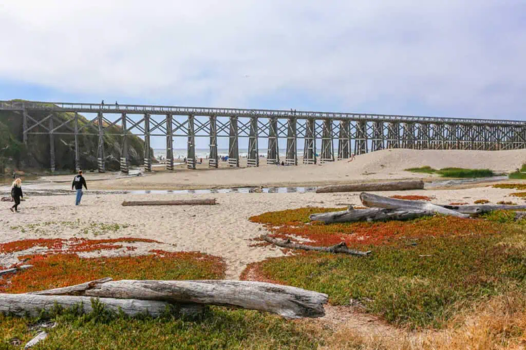 Scenic view of the historic trestle bridge at Pudding Creek Beach in Fort Bragg.