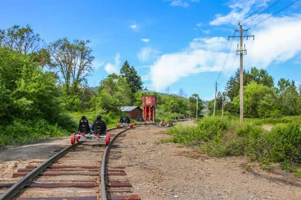 Railbikes traveling through scenic landscapes in Willits in Northern California.